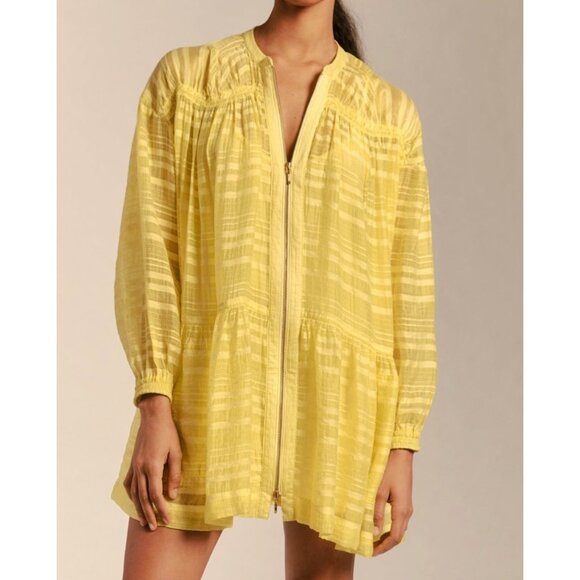Anthropologie Long-Sleeve Yellow Zip-Front Mini Dress Size S Oversized - Picture 1 of 9